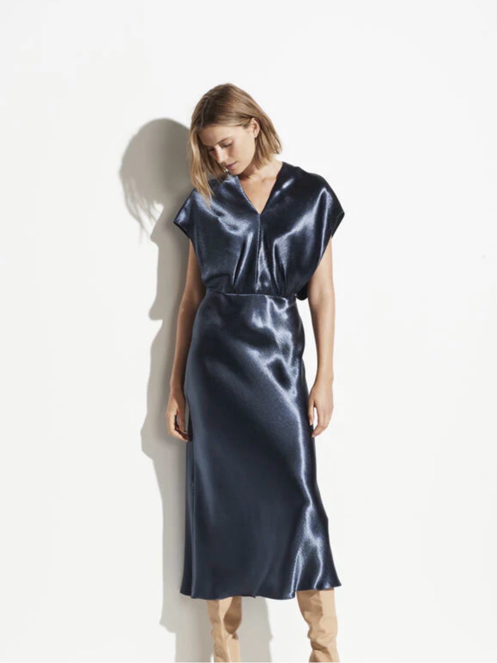 Vince Blue Satin Cap Sleeve Midi Dress 6